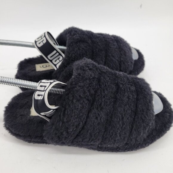 UGG Black Fluffy Open-Toe Slides Slippers - Picture 2 of 7